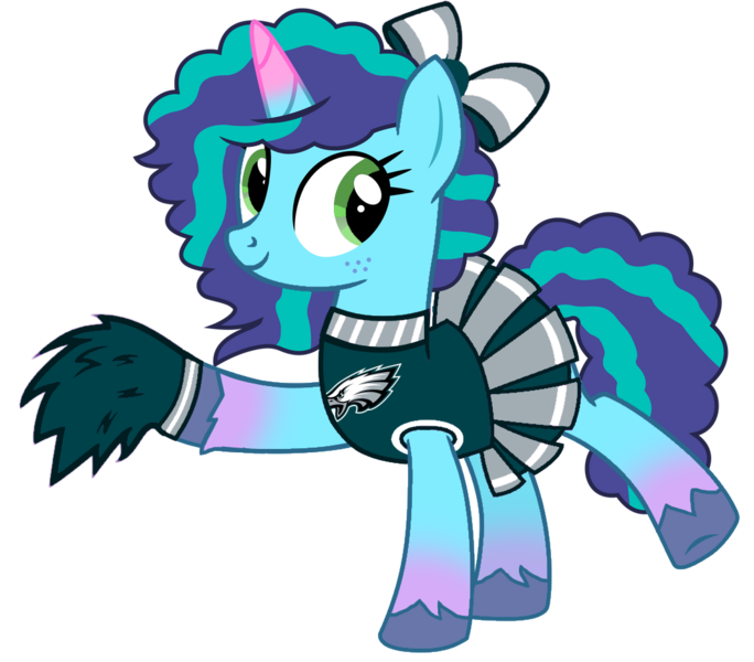 Size: 1059x929 | Tagged: safe, derpibooru import, edit, editor:miss connie, bird, eagle, pony, unicorn, g5, my little pony: a new generation, my little pony: make your mark, my little pony: tell your tale, american football, bow, cheerleader, clothes, coat markings, eagles, eyelashes, female, freckles, green eyes, hair bow, horn, image, mare, misty brightdawn, nfl, nfl playoffs, philadelphia, philadelphia eagles, png, pom pom, poofy mane, poofy tail, simple background, skirt, smiling, socks (coat marking), solo, sports, super bowl, super bowl lvii, transparent background, unshorn fetlocks