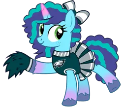 Size: 1059x929 | Tagged: safe, derpibooru import, edit, editor:miss connie, bird, eagle, pony, unicorn, g5, my little pony: a new generation, my little pony: make your mark, my little pony: tell your tale, american football, bow, cheerleader, clothes, coat markings, eagles, eyelashes, female, freckles, green eyes, hair bow, horn, image, mare, misty brightdawn, nfl, nfl playoffs, philadelphia, philadelphia eagles, png, pom pom, poofy mane, poofy tail, simple background, skirt, smiling, socks (coat marking), solo, sports, super bowl, super bowl lvii, transparent background, unshorn fetlocks