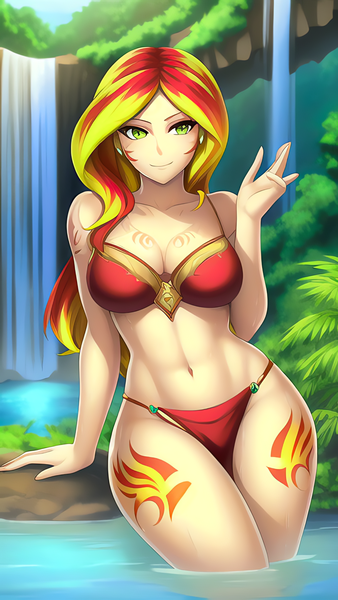 Size: 864x1536 | Tagged: suggestive, derpibooru import, editor:sammykun, machine learning generated, novelai, stable diffusion, sunset shimmer, beautiful, belly button, bracelet, breasts, busty sunset shimmer, clothes, female, image, jewelry, jungle, loincloth, looking at you, midriff, palm tree, plant, plants, png, pond, rock, scenery, sexy, smiling, smiling at you, solo, solo female, stupid sexy sunset shimmer, tattoo, tree, tribal, tribal markings, tropical, water, waterfall