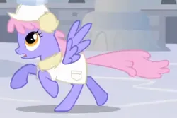 Size: 278x186 | Tagged: safe, derpibooru import, screencap, rainbowshine, pegasus, pony, season 1, sonic rainboom (episode), alternate hairstyle, animation error, clothes, cropped, earmuffs, female, galloping, image, looking up, mare, open mouth, png, running, scarf, solo focus, spread wings, weather factory, weather factory uniform, wings