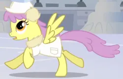 Size: 347x225 | Tagged: safe, derpibooru import, screencap, parasol, pegasus, pony, season 1, sonic rainboom (episode), alternate hairstyle, clothes, cropped, earmuffs, female, galloping, image, looking up, mare, open mouth, png, running, scarf, solo focus, spread wings, weather factory, weather factory uniform, wings