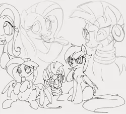 Size: 1056x952 | Tagged: safe, artist:dotkwa, derpibooru import, fluttershy, zecora, pegasus, pony, zebra, belly, belly button, claws, eating, female, food, frown, glare, gray background, grayscale, hoof hold, image, jpeg, looking at you, mare, monochrome, pizza, simple background, sitting, sketch, sketch dump, tongue out, wing claws, wings