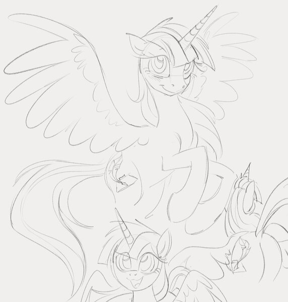 Size: 1250x1312 | Tagged: safe, artist:dotkwa, derpibooru import, oc, oc:fausticorn, unofficial characters only, alicorn, pony, alicorn oc, butt, female, gray background, grayscale, horn, image, jpeg, looking at you, mare, monochrome, plot, simple background, sketch, sketch dump, smiling, smiling at you, solo, spread wings, wings