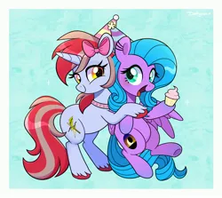 Size: 3700x3300 | Tagged: safe, artist:darkynez, derpibooru import, oc, oc:cinnamon lightning, unofficial characters only, pegasus, pony, unicorn, bow, collar, cupcake, food, hair bow, happy, hat, hug, image, jpeg, open mouth, open smile, party hat, smiling