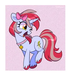 Size: 3100x3300 | Tagged: safe, artist:darkynez, derpibooru import, oc, oc:cinnamon lightning, unofficial characters only, pony, unicorn, bell, bell collar, bow, collar, hair bow, happy, image, jpeg, looking back, one eye closed, open mouth, open smile, smiling, solo, unshorn fetlocks, wink
