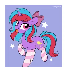 Size: 3100x3300 | Tagged: safe, artist:darkynez, derpibooru import, pony, unicorn, bow, clothes, hair bow, image, jpeg, lidded eyes, looking at you, raspberry, smiling, socks, solo, striped socks, tongue out