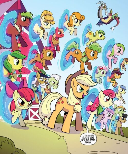 Size: 750x901 | Tagged: safe, artist:sara pitre-durocher, derpibooru import, idw, apple bloom, apple strudel, applejack, aunt orange, auntie applesauce, babs seed, big macintosh, braeburn, carrot top, discord, golden harvest, granny smith, mosely orange, uncle orange, draconequus, earth pony, pony, spoiler:comic, spoiler:friendship in disguise, spoiler:friendship in disguise04, apple family, apple family member, barn, bow, dialogue, female, filly, foal, friendship in disguise, g4, group, hair bow, image, jpeg, male, mare, portal, speech bubble, stallion, sweet apple acres