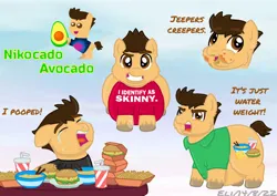 Size: 1063x752 | Tagged: suggestive, artist:autisticeli, derpibooru import, ponified, earth pony, pony, angry, avocado, background pony strikes again, burger, cheese, crying, downvote bait, drink, fast food, fat, food, french fries, hay burger, image, implied scat, joke oc, jpeg, nikocado avocado, noodles, shitposting, sneer, soda, we are going to hell, why sid why, yelling