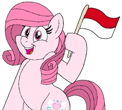 Size: 567x512 | Tagged: safe, artist:noi kincade, derpibooru import, oc, oc:annisa trihapsari, unofficial characters only, earth pony, pony, cute, earth pony oc, female, flag, happy, image, indonesia, mare, ocbetes, open mouth, open smile, pink body, pink eyes, pink mane, pink tail, png, pretty, simple background, smiling, tail, teeth, transparent background