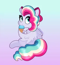 Size: 963x1050 | Tagged: safe, artist:erichkaofficial, derpibooru import, oc, oc:sky sorbet, pegasus, bow, eating, food, hair bow, ice cream, image, jpeg, sitting, solo