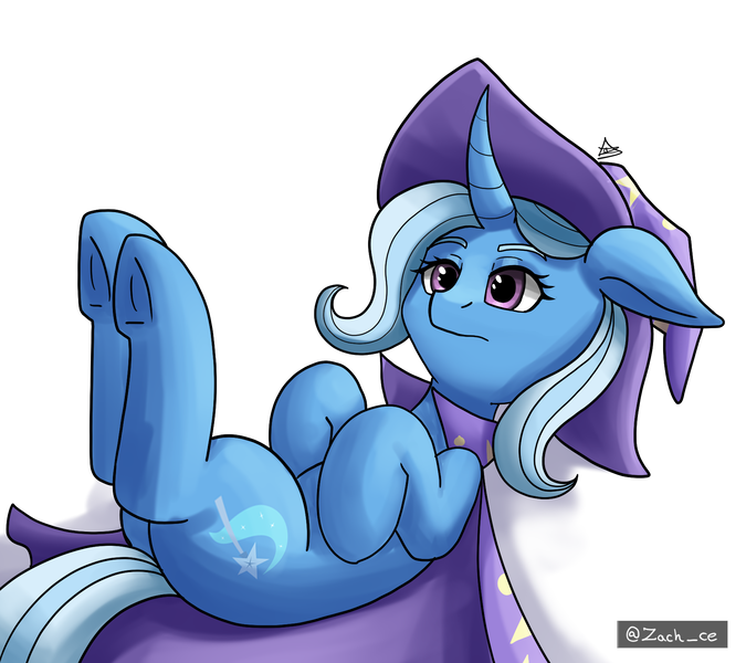 Size: 1800x1600 | Tagged: safe, artist:zachc, derpibooru import, trixie, pony, unicorn, cape, clothes, curved horn, hat, horn, image, lying down, on back, png, simple background, solo, trixie's cape, trixie's hat, underhoof, white background