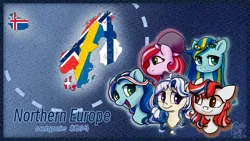 Size: 1920x1080 | Tagged: safe, artist:brella, derpibooru import, oc, ponified, unofficial characters only, pony, chinese text, denmark, english, finland, iceland, image, map, moon runes, nation ponies, national flag, norway, png, sweden