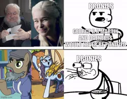 Size: 620x485 | Tagged: safe, derpibooru import, idw, dragon, earth pony, human, unicorn, daring doubt, brony, cereal, cereal guy, daenerys targaryen, food, game of thrones, george r.r. martin, groom q.q. martingale, image, irl, irl human, jpeg, meme, photo, viserion