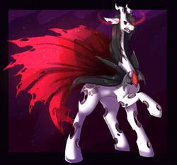 Size: 2000x1865 | Tagged: safe, artist:nega-subucni, artist:negasubucni, derpibooru import, oc, oc:demontri, unofficial characters only, changeling, abstract background, cape, changeling oc, clothes, fangs, glow, glowing eyes, image, open mouth, png, raised hoof, solo