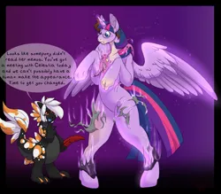 Size: 3000x2624 | Tagged: suggestive, artist:nega-subucni, artist:negasubucni, derpibooru import, twilight sparkle, twilight sparkle (alicorn), alicorn, goblin, human, pony, abstract background, bipedal, clothes, commission, dialogue, duo, featureless crotch, female, horn, human to pony, image, jpeg, magic, male to female, mare, non-pony oc, open mouth, ripping clothes, rule 63, speech bubble, spread wings, transformation, wings