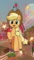 Size: 1215x2160 | Tagged: safe, color edit, derpibooru import, edit, applejack, earth pony, pony, my little pony: the manga, apple, colored, food, image, png, solo, sweet apple acres, wallpaper