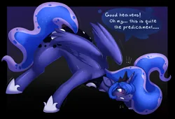 Size: 3000x2034 | Tagged: suggestive, artist:nega-subucni, artist:negasubucni, derpibooru import, princess luna, alicorn, pony, series:luna big moon, abstract background, blushing, emanata, exclamation point, face down ass up, female, floppy ears, high res, image, jewelry, plewds, png, regalia, solo, transformation, worried