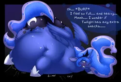 Size: 3000x2034 | Tagged: suggestive, artist:nega-subucni, artist:negasubucni, derpibooru import, princess luna, alicorn, pony, series:luna big moon, abstract background, belly, belly on floor, big belly, bingo wings, blushing, burp, chubby cheeks, emanata, face down ass up, fat, female, floppy ears, high res, huge belly, image, jewelry, plewds, png, princess moonpig, regalia, solo, stomach noise, weight gain, worried
