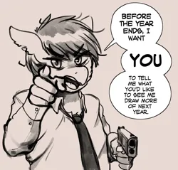 Size: 3143x3000 | Tagged: safe, artist:replica, derpibooru import, oc, oc:replica, unofficial characters only, anthro, earth pony, angry, bedroom eyes, clothes, dialogue, digital art, gun, handgun, holding, image, jpeg, male, monochrome, necktie, shirt, sketch, solo, speech bubble, talking to viewer, text, unamused, weapon