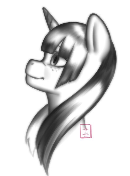 Size: 1516x2048 | Tagged: safe, artist:izalith_itxi, derpibooru import, oc, pony, unicorn, image, jpeg, monochrome, simple background, solo, white background