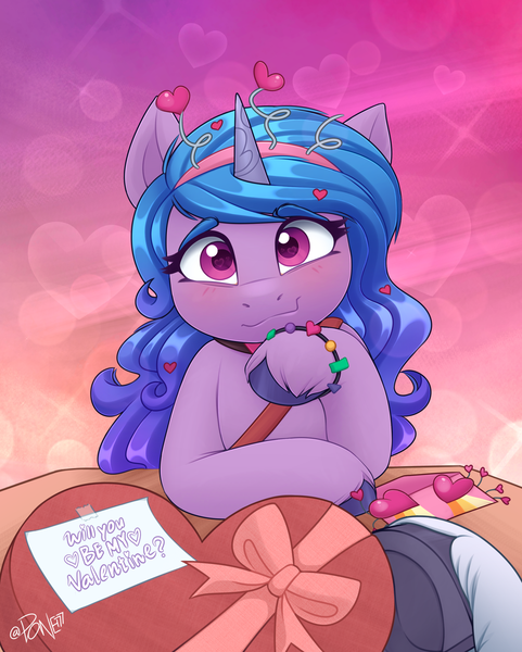 Size: 1770x2208 | Tagged: safe, artist:rivin177, derpibooru import, izzy moonbow, pony, unicorn, g5, my little pony: make your mark, my little pony: tell your tale, alphabittle blossomforth, bow, bracelet, chocolate, commission, cute, flirting, food, heart, hearts and hooves day, holiday, hooves, image, izzybetes, jewelry, offscreen character, png, pov, present, raised hoof, simple background, table, underhoof, valentine, valentine's day, ych result