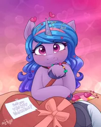 Size: 1770x2208 | Tagged: safe, artist:rivin177, derpibooru import, izzy moonbow, pony, unicorn, g5, my little pony: make your mark, my little pony: tell your tale, alphabittle blossomforth, bow, bracelet, chocolate, commission, cute, flirting, food, heart, hearts and hooves day, holiday, hooves, image, izzybetes, jewelry, offscreen character, png, pov, present, raised hoof, simple background, table, underhoof, valentine, valentine's day, ych result
