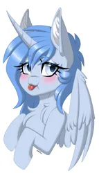 Size: 1711x3000 | Tagged: safe, artist:melodytheartpony, derpibooru import, oc, alicorn, 2023, :p, blushing, bust, chest fluff, cute, eyelashes, female, feral, fluffy, horn, icon, image, looking at you, png, portrait, signature, simple background, spread wings, tongue out, white background, wings