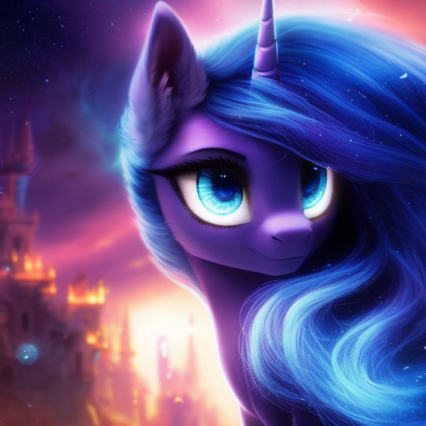 Size: 1024x1024 | Tagged: safe, derpibooru import, machine learning generated, purplesmart.ai, stable diffusion, princess luna, alicorn, pony, castle, ear fluff, eyebrows, eyelashes, female, image, mare, png, sky, solo