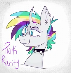Size: 857x881 | Tagged: safe, artist:bloommoonbeam, derpibooru import, rarity, pony, unicorn, alternate hairstyle, bust, choker, image, png, punk, raripunk, simple background, solo, text, white background