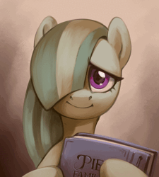 Size: 522x580 | Tagged: safe, artist:jewellier, derpibooru import, marble pie, earth pony, pony, animated, bust, gif, image, looking at you, mirrored, photo album, portrait, simple background, solo, text, unitinu, wat