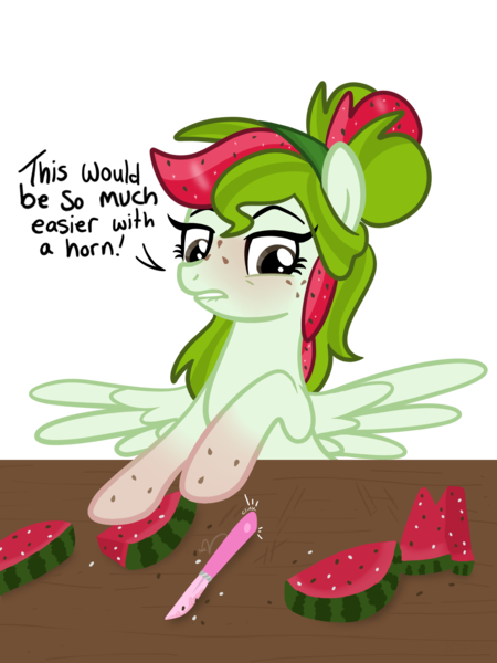 Size: 1768x2357 | Tagged: safe, artist:sjart117, derpibooru import, oc, oc:watermelana, unofficial characters only, pegasus, pony, blushing, eyebrows, female, food, freckles, fruit, frustrated, gradient hooves, image, knife, mare, pegasus oc, png, raised eyebrow, solo, speech, speech bubble, spread wings, table, talking, watermelon, wings