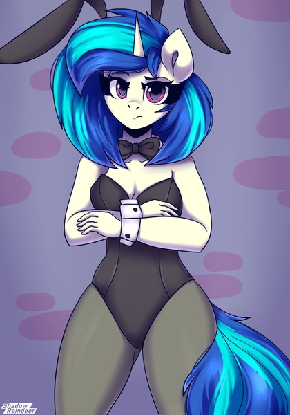 Size: 1750x2500 | Tagged: suggestive, artist:shadowreindeer, derpibooru import, vinyl scratch, anthro, unicorn, animal costume, bunny costume, bunny suit, clothes, costume, image, jpeg, solo