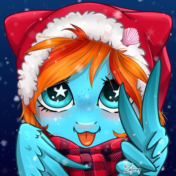 Size: 1748x1748 | Tagged: safe, artist:lailyren, derpibooru import, oc, oc:sea feather, pegasus, pony, :p, blushing, christmas, clothes, female, holiday, image, jpeg, mare, pegasus oc, tongue out, wing gesture, wing hands, wings