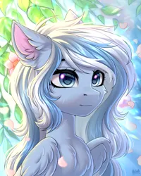 Size: 2000x2500 | Tagged: safe, artist:hakaina, derpibooru import, oc, unofficial characters only, pegasus, pony, blue coat, blurry background, bust, cheek fluff, chest fluff, colored, commission, ear fluff, eyelashes, female, floppy ears, flower, flower petals, fluffy, high res, image, leaves, lighting, lightly watermarked, long mane, looking forward, mare, partially open wings, pegasus oc, petals, png, shading, shiny eyes, signature, sitting, solo, striped mane, three quarter view, two toned mane, watermark, wing fluff, wings, ych result