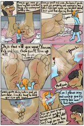 Size: 3000x4500 | Tagged: suggestive, artist:fetishsketches, derpibooru import, oc, oc:cobalt, oc:fetish fuel, unofficial characters only, anthro, earth pony, unicorn, blushing, comic, commission, dialogue, earth pony oc, feet, fetish, floating heart, foot fetish, heart, horn, image, micro, onomatopoeia, png, size difference, sound effects, speech bubble, unicorn oc