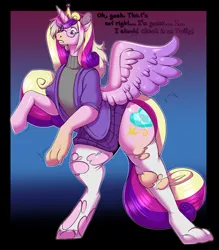 Size: 2188x2500 | Tagged: suggestive, artist:nega-subucni, artist:negasubucni, derpibooru import, princess cadance, alicorn, pony, abstract background, bipedal, clothes, commission, dialogue, female, furry to pony, glasses, gradient background, high res, horn, image, male to female, mare, open mouth, png, ripping clothes, rule 63, skirt, socks, solo, spread wings, stockings, sweater, thigh highs, transformation, wings