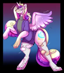 Size: 2188x2500 | Tagged: suggestive, alternate version, artist:nega-subucni, artist:negasubucni, derpibooru import, princess cadance, alicorn, inflatable pony, pony, abstract background, bipedal, clothes, commission, dialogue, female, forced smile, furry to pony, glasses, gradient background, high res, horn, image, inanimate tf, inflatable, inflatable toy, male to female, mare, open mouth, png, pool toy, ripping clothes, rule 63, smiling, socks, solo, spread wings, stockings, sweater, thigh highs, transformation, wings