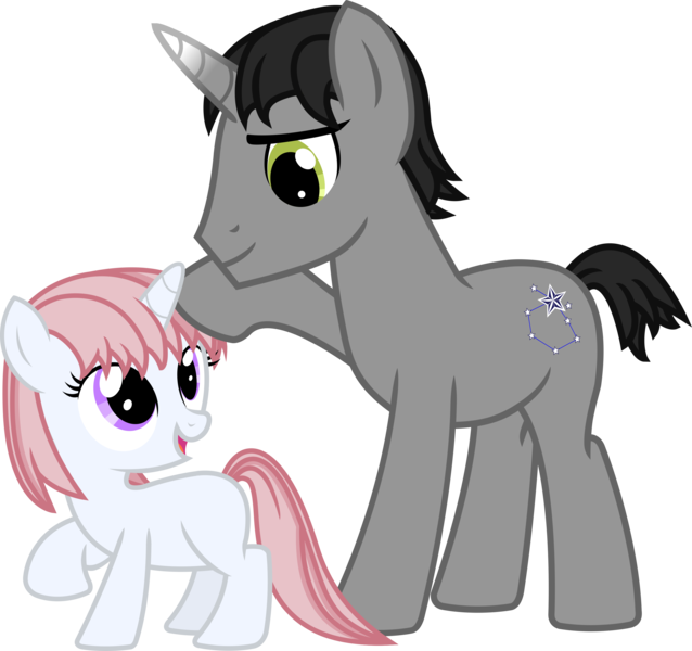 Size: 3261x3067 | Tagged: safe, artist:cranberry-tofu, derpibooru import, oc, oc:auriga magnus, oc:whisper call, pony, unicorn, female, filly, foal, image, male, png, simple background, stallion, transparent background