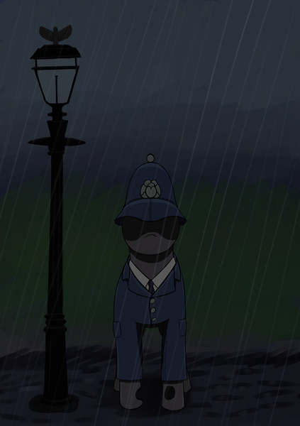 Size: 1748x2480 | Tagged: safe, artist:barhandar, changeling, bobby, clothes, eyeless pony, helmet, image, jacket, lamppost, png, police, police officer, police uniform, rain, reference, shirt, solo
