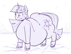 Size: 2189x1661 | Tagged: safe, artist:secretgoombaman12345, derpibooru import, twilight sparkle, pony, unicorn, fat, female, ice, ice skates, image, monochrome, outdoors, png, skates, snow, solo, this will end in hypothermia, this will not end well, twilard sparkle, unicorn twilight, winter