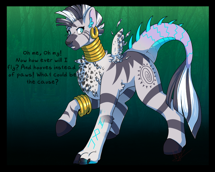 Size: 2500x2000 | Tagged: suggestive, artist:negasubucni, derpibooru import, zecora, oc, zebra, abstract background, dialogue, ear piercing, earring, feathered wings, female, furry to pony, high res, image, jewelry, non-mlp oc, paws, piercing, png, raised hoof, rhyme, solo, transformation, wings