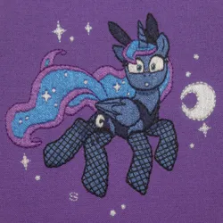 Size: 3108x3109 | Tagged: safe, artist:selenophile, derpibooru import, princess luna, blushing, bunny ears, bunny suit, clothes, embroidery, fishnets, image, looking at you, moon, png, surprised