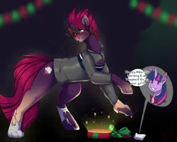 Size: 3000x2417 | Tagged: suggestive, artist:nega-subucni, artist:negasubucni, derpibooru import, tempest shadow, twilight sparkle, alicorn, human, pony, abstract background, bipedal, blushing, broken horn, clothes, commission, dialogue, duo, facial hair, female, gradient background, hearth's warming eve, high res, horn, human to pony, image, male to female, mare, nose piercing, open mouth, piercing, png, present, ripping clothes, rule 63, shirt, sideburns, socks, transformation