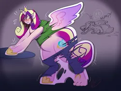 Size: 2500x1875 | Tagged: suggestive, artist:nega subucni, artist:negasubucni, derpibooru import, princess cadance, alicorn, pony, abstract background, bipedal, blushing, clothes, commission, emanata, exclamation point, falling, featureless crotch, female, floppy ears, gradient background, high res, horn, human to pony, image, inanimate tf, mare, nonbinary, open mouth, pants, plewds, png, ripping clothes, shirt, solo, spread wings, standee, transformation, wings