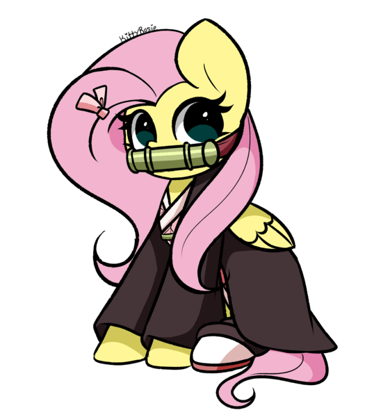 Size: 3368x3758 | Tagged: safe, artist:kittyrosie, derpibooru import, fluttershy, pegasus, pony, anime, clothes, cosplay, costume, demon slayer, image, nezuko kamado, png, simple background, solo, transparent background