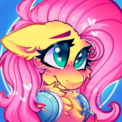 Size: 3500x3500 | Tagged: safe, artist:yumkandie, derpibooru import, fluttershy, pegasus, pony, blushing, bust, cheek fluff, chest fluff, cute, cute little fangs, ear fluff, eyebrows, eyebrows visible through hair, fangs, freckles, headphones, high res, image, png, portrait, solo, watermark, wingding eyes