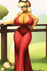 Size: 512x768 | Tagged: suggestive, derpibooru import, machine learning generated, novelai, stable diffusion, applejack, anthro, earth pony, absolute cleavage, applejack's hat, big breasts, breasts, busty applejack, cleavage, clothes, cowboy hat, fence, hat, huge breasts, image, looking at you, png, red dress, solo, tight clothing