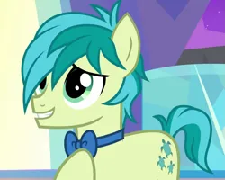 Size: 1351x1080 | Tagged: safe, derpibooru import, screencap, sandbar, earth pony, pony, season 9, she's all yak, spoiler:s09, bowtie, cropped, cute, hair over one eye, hoof on chest, image, male, png, sandabetes, smiling, solo