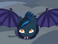Size: 2048x1536 | Tagged: safe, artist:the crystal artist, derpibooru import, oc, unofficial characters only, bat pony, pony, bat pony oc, bat wings, behaving like a cat, concerned, confused, crouching, derpibooru exclusive, dialogue, fangs, floppy ears, growling, image, lineless, looking at you, looking up, looking up at you, male, open mouth, png, rock, solo, spiky hair, spread wings, stallion, text, wings