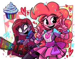 Size: 3615x2841 | Tagged: safe, artist:peargor, derpibooru import, pinkie pie, fanfic:cupcakes, equestria girls, chainsaw, clothes, cupcake, duality, female, females only, food, heart, image, open mouth, open smile, peace sign, pinkamena diane pie, png, skirt, smiling